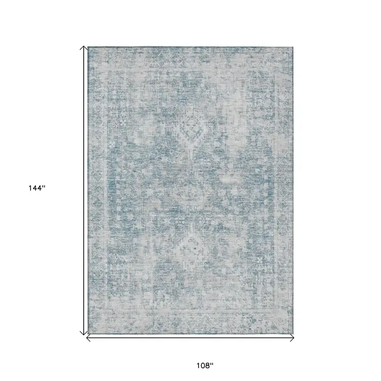 9' X 12' Sky Blue Oriental Washable Indoor Outdoor Area Rug