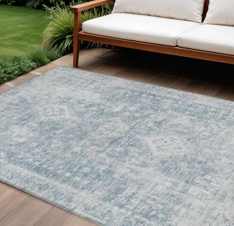 9' X 12' Sky Blue Oriental Washable Indoor Outdoor Area Rug
