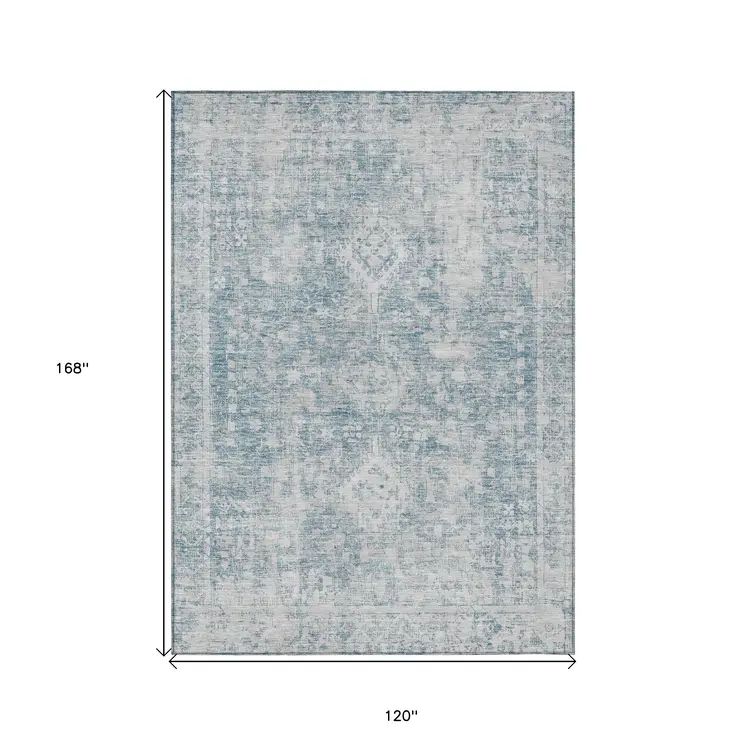 10' X 14' Sky Blue Oriental Washable Indoor Outdoor Area Rug