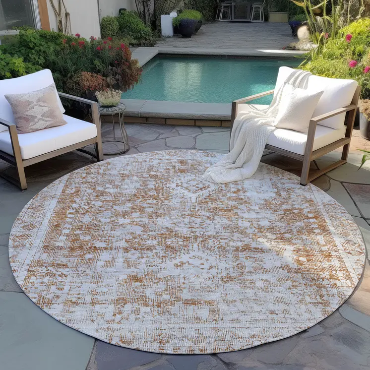 8' Terra Cotta Round Oriental Washable Indoor Outdoor Area Rug