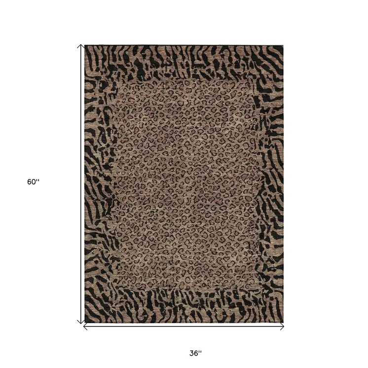 3' X 5' Brown Animal Print Washable Indoor Outdoor Area Rug
