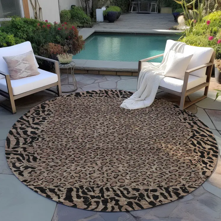 8' Brown Round Animal Print Washable Indoor Outdoor Area Rug