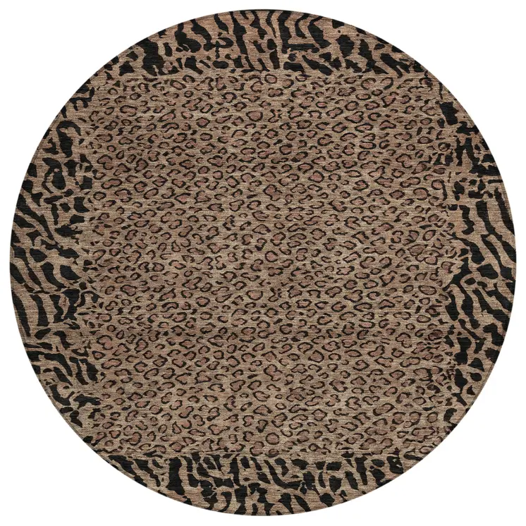 8' Brown Round Animal Print Washable Indoor Outdoor Area Rug