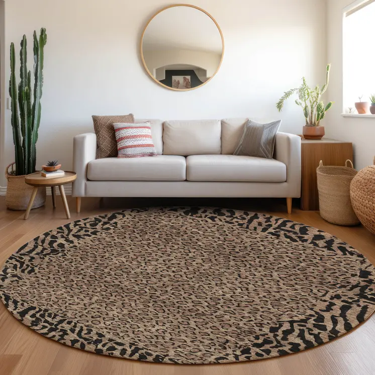8' Brown Round Animal Print Washable Indoor Outdoor Area Rug