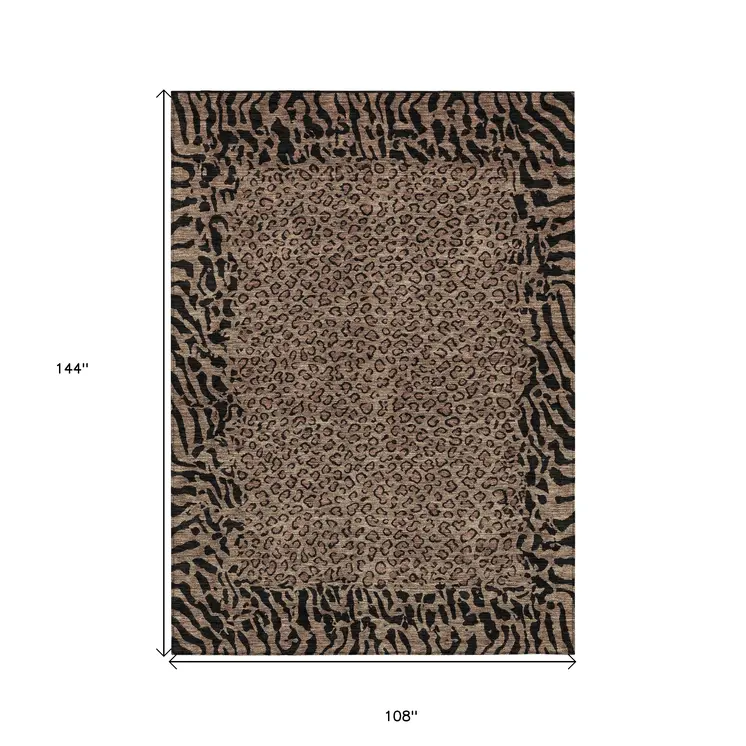 9' X 12' Brown Animal Print Washable Indoor Outdoor Area Rug