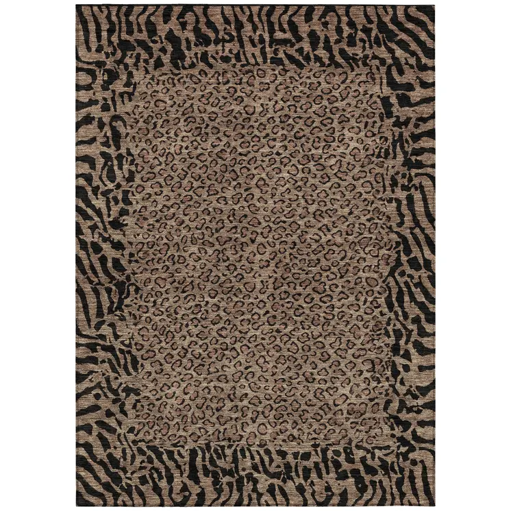 9' X 12' Brown Animal Print Washable Indoor Outdoor Area Rug