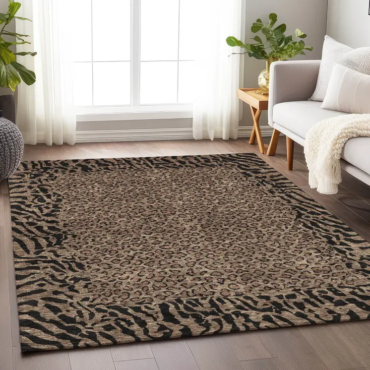 9' X 12' Brown Animal Print Washable Indoor Outdoor Area Rug