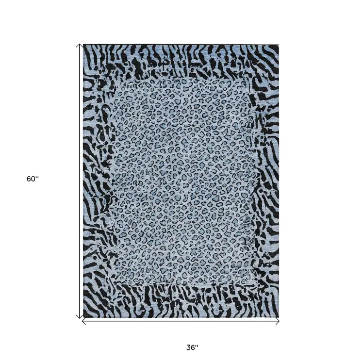 3' X 5' Blue Animal Print Washable Indoor Outdoor Area Rug