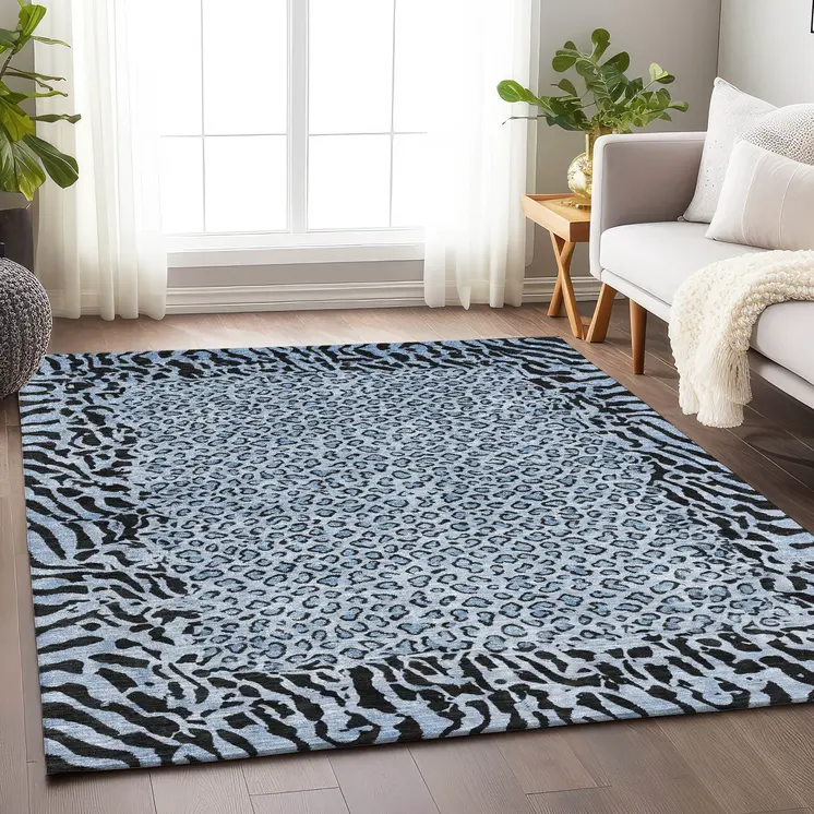 3' X 5' Blue Animal Print Washable Indoor Outdoor Area Rug