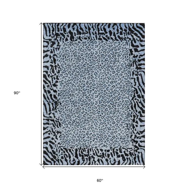 5' X 8' Blue Animal Print Washable Indoor Outdoor Area Rug