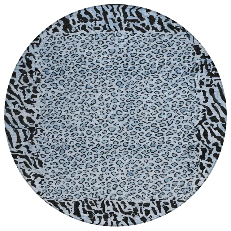 8' Blue Round Animal Print Washable Indoor Outdoor Area Rug