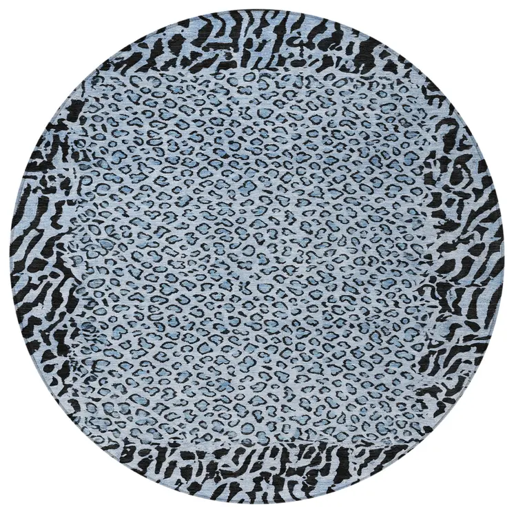 8' Blue Round Animal Print Washable Indoor Outdoor Area Rug