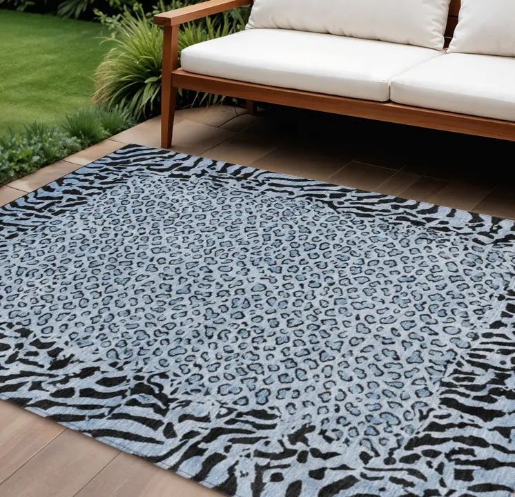 9' X 12' Blue Animal Print Washable Indoor Outdoor Area Rug