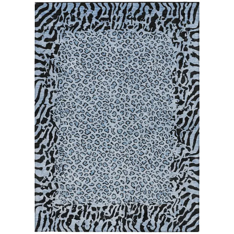 9' X 12' Blue Animal Print Washable Indoor Outdoor Area Rug