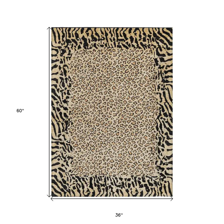 3' X 5' Gold Animal Print Washable Indoor Outdoor Area Rug