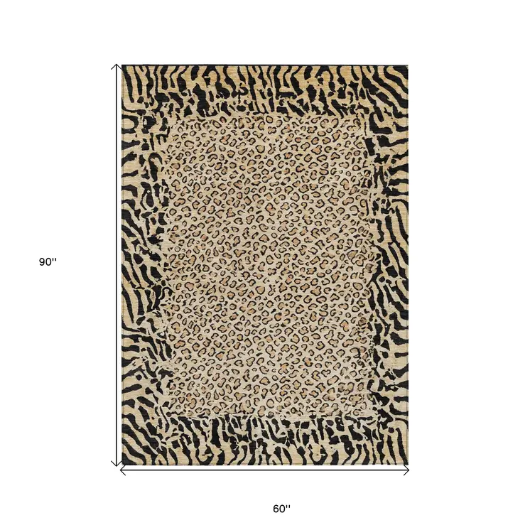 5' X 8' Gold Animal Print Washable Indoor Outdoor Area Rug