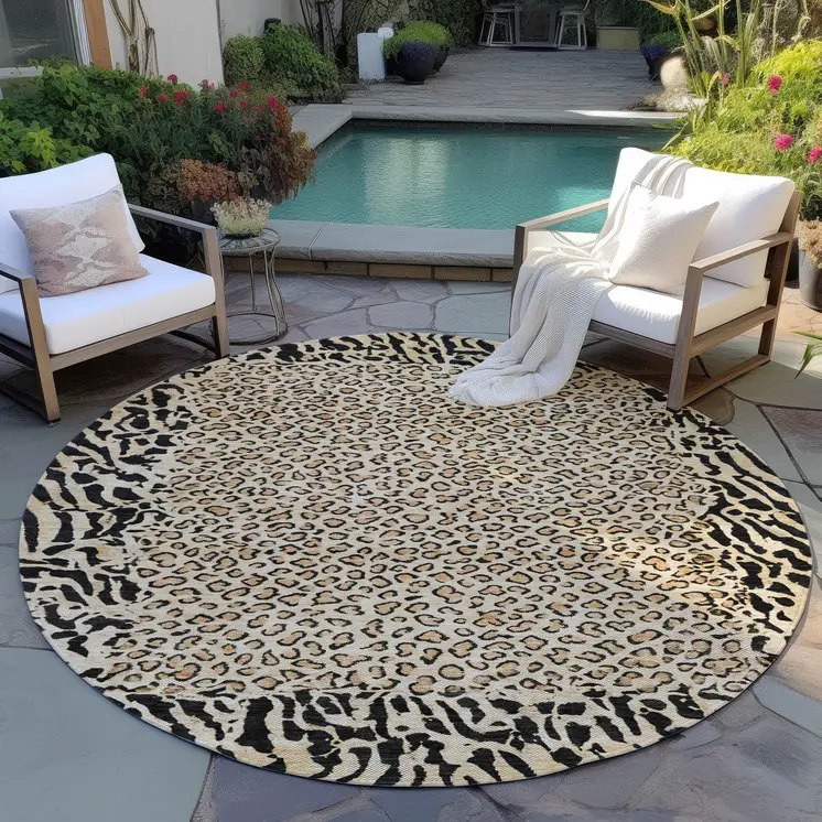 8' Gold Round Animal Print Washable Indoor Outdoor Area Rug
