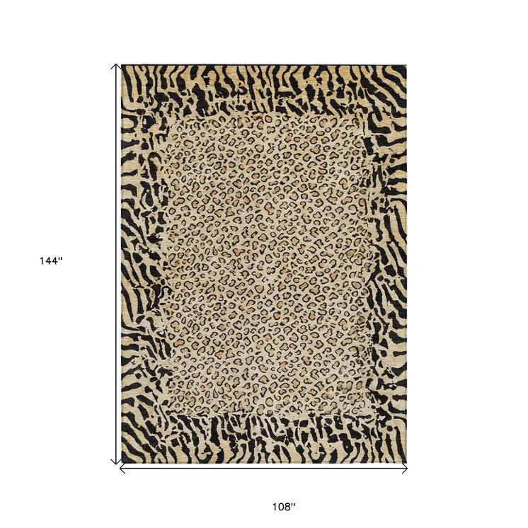 9' X 12' Gold Animal Print Washable Indoor Outdoor Area Rug
