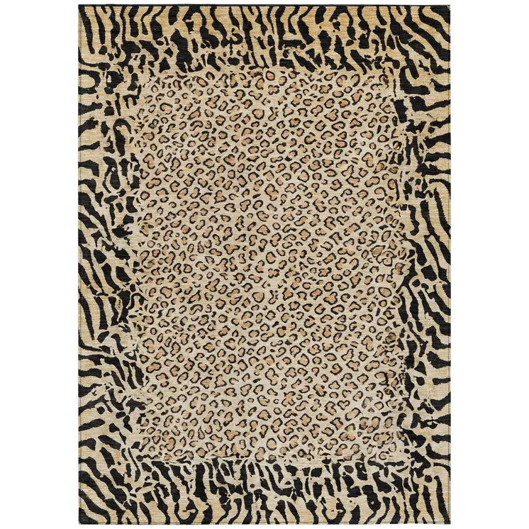 10' X 14' Gold Animal Print Washable Indoor Outdoor Area Rug
