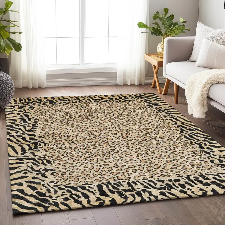 10' X 14' Gold Animal Print Washable Indoor Outdoor Area Rug