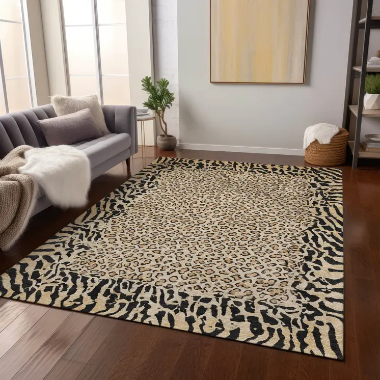 10' X 14' Gold Animal Print Washable Indoor Outdoor Area Rug