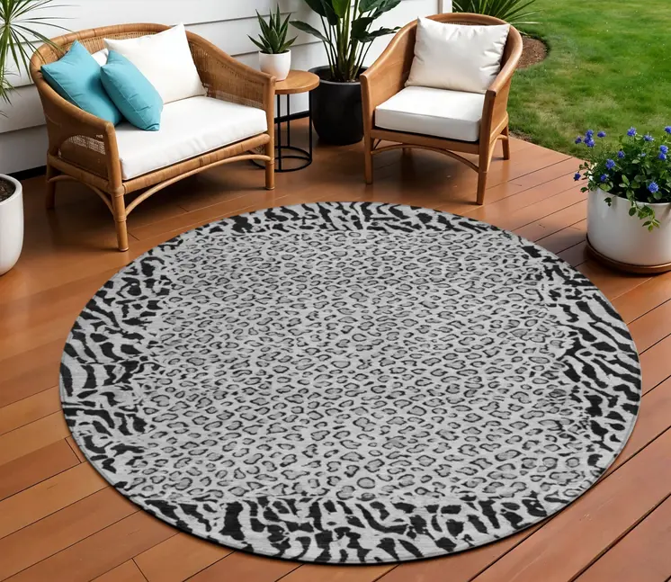 8' Gray Round Animal Print Washable Indoor Outdoor Area Rug