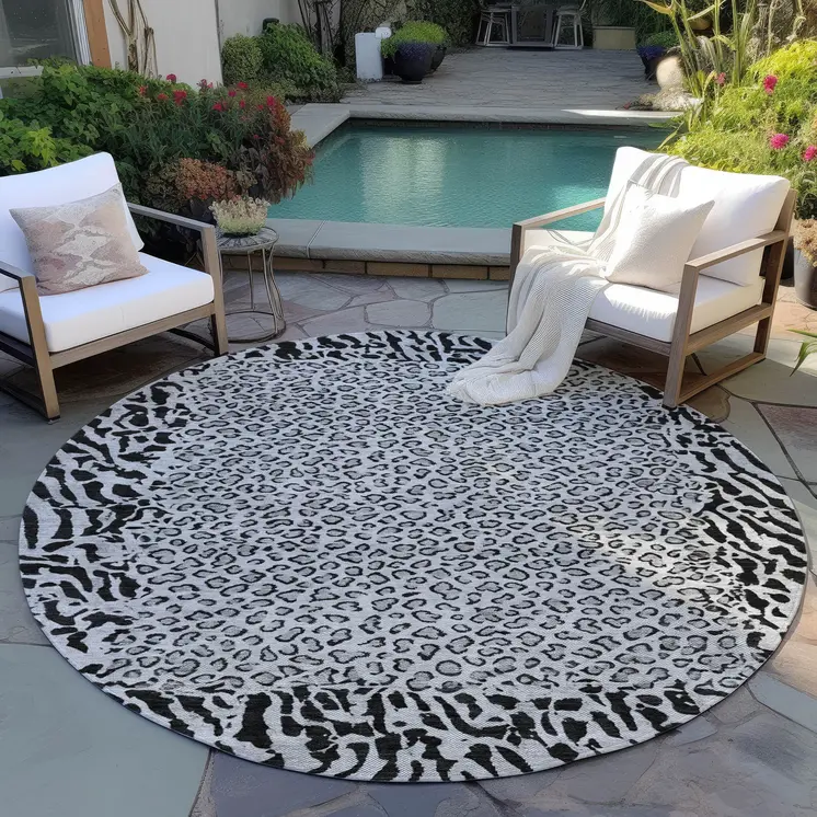 8' Gray Round Animal Print Washable Indoor Outdoor Area Rug