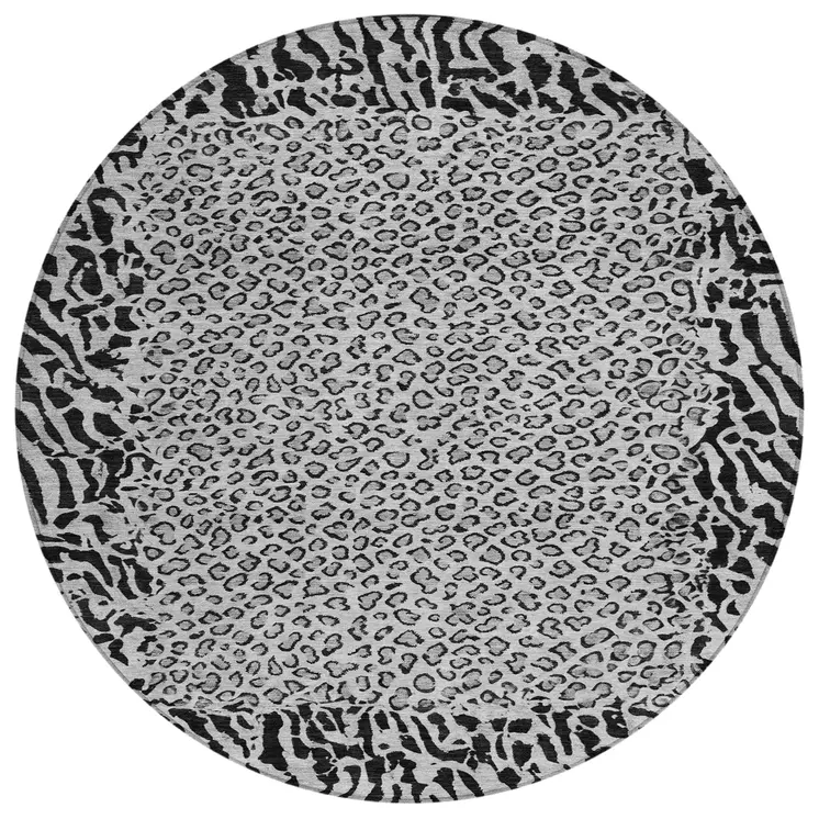 8' Gray Round Animal Print Washable Indoor Outdoor Area Rug