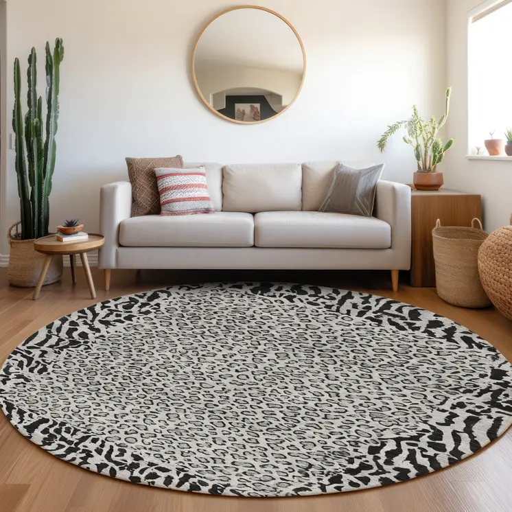 8' Gray Round Animal Print Washable Indoor Outdoor Area Rug