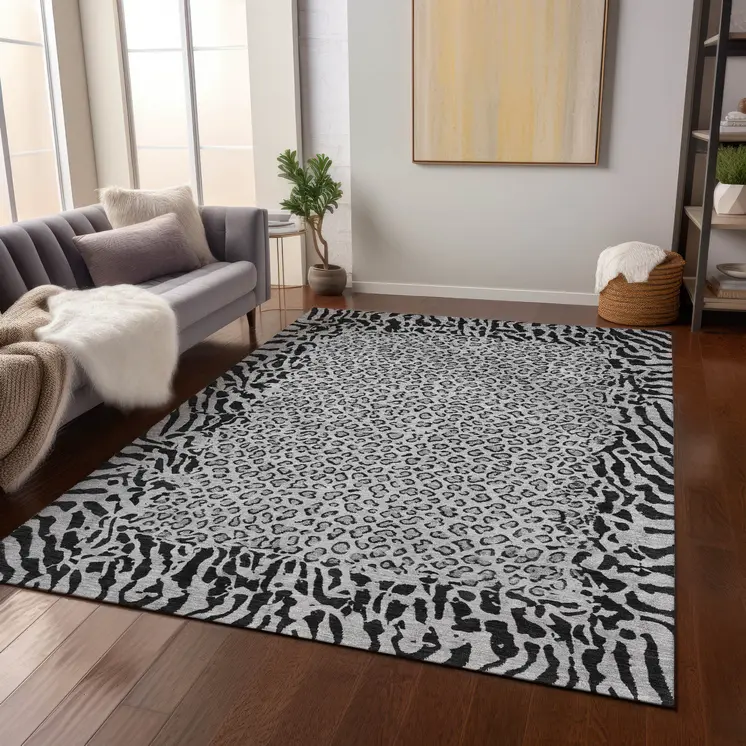 8' X 10' Gray Animal Print Washable Indoor Outdoor Area Rug