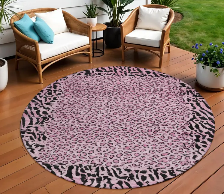 8' Pink Round Animal Print Washable Indoor Outdoor Area Rug