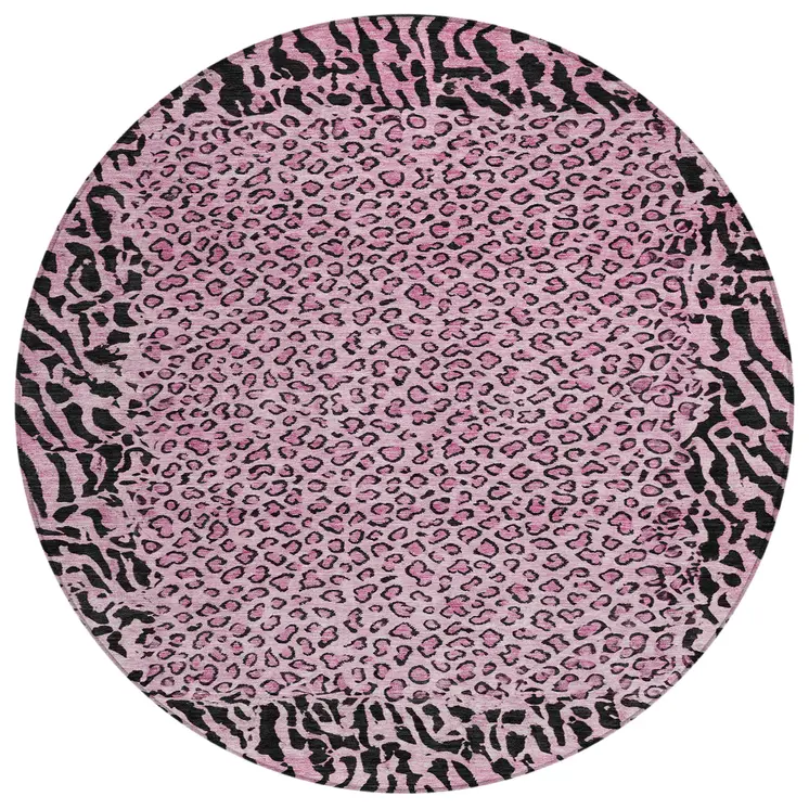 8' Pink Round Animal Print Washable Indoor Outdoor Area Rug