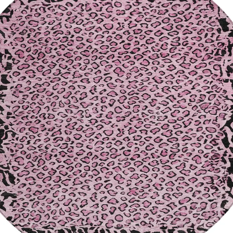 8' Pink Round Animal Print Washable Indoor Outdoor Area Rug