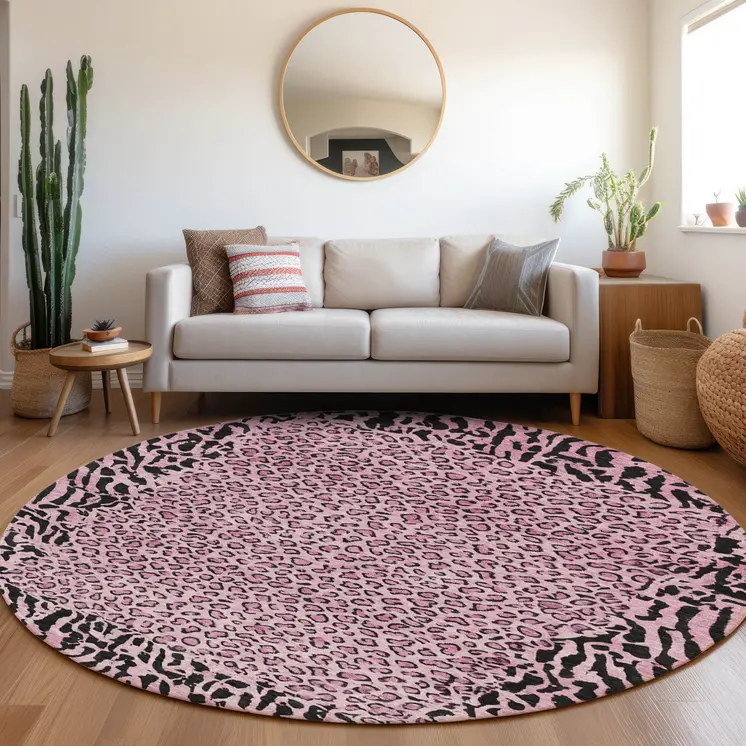 8' Pink Round Animal Print Washable Indoor Outdoor Area Rug