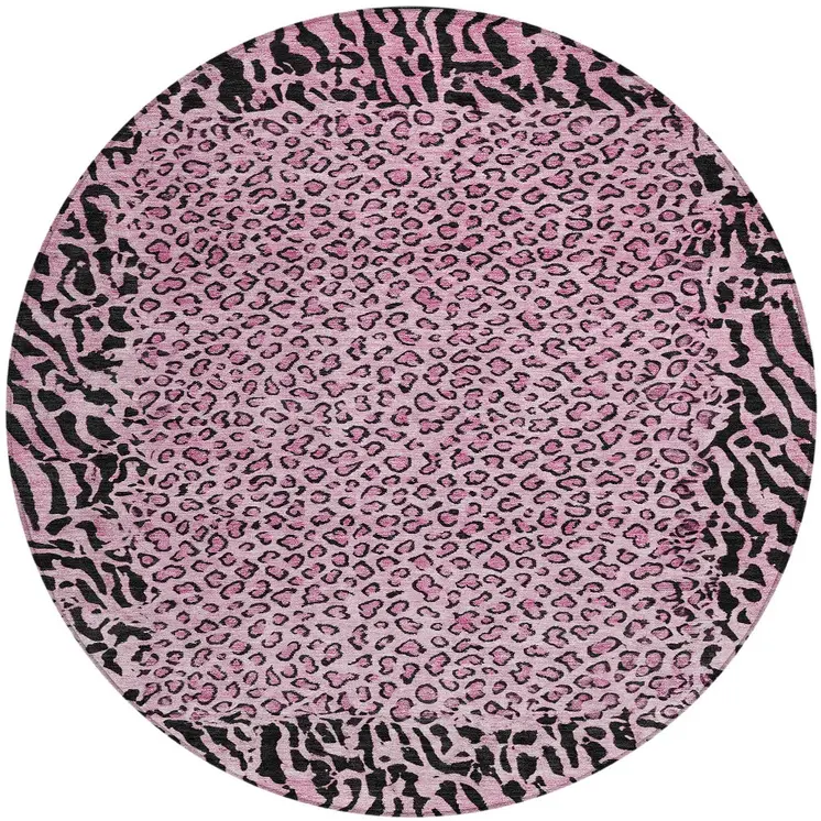 8' Pink Round Animal Print Washable Indoor Outdoor Area Rug
