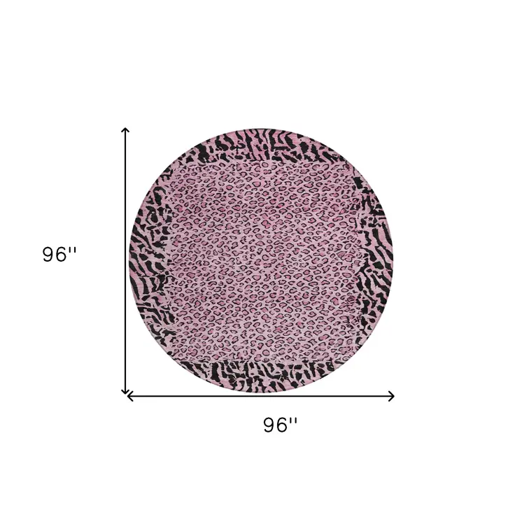 8' Pink Round Animal Print Washable Indoor Outdoor Area Rug