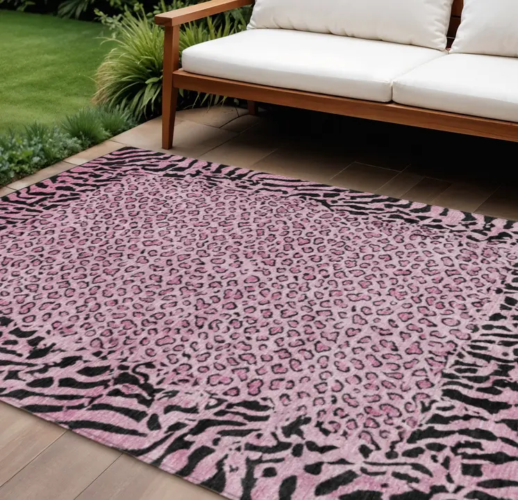 10' X 14' Pink Animal Print Washable Indoor Outdoor Area Rug