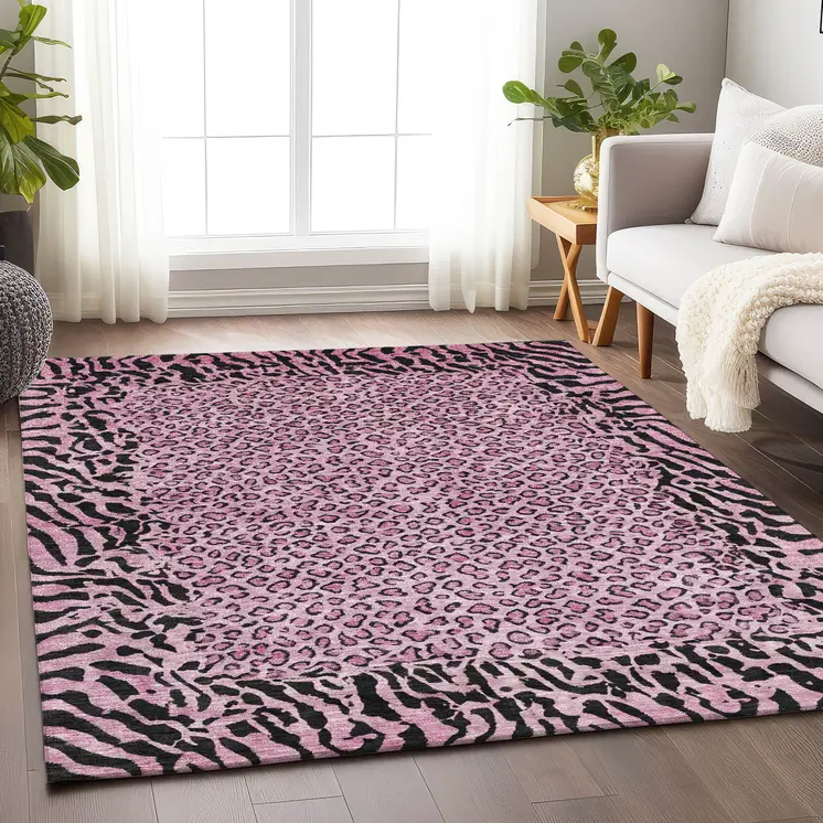 10' X 14' Pink Animal Print Washable Indoor Outdoor Area Rug