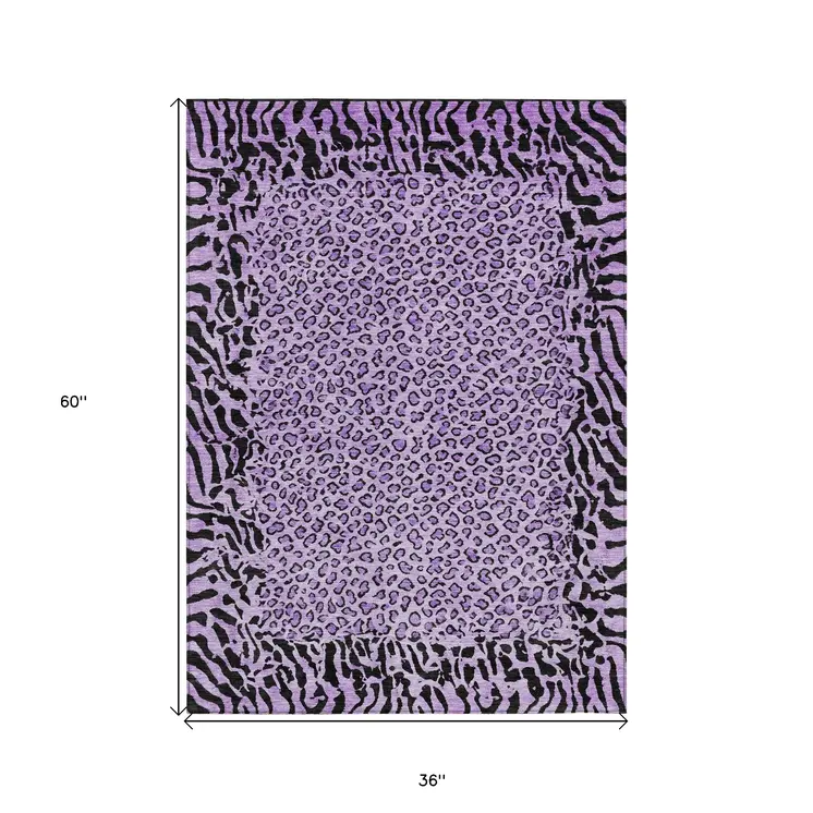 3' X 5' Purple Animal Print Washable Indoor Outdoor Area Rug