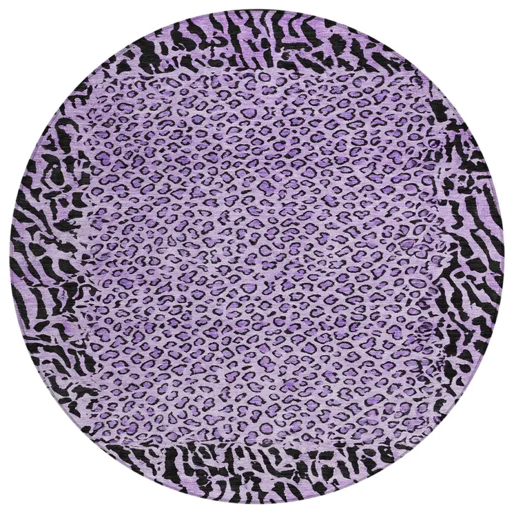 8' Purple Round Animal Print Washable Indoor Outdoor Area Rug