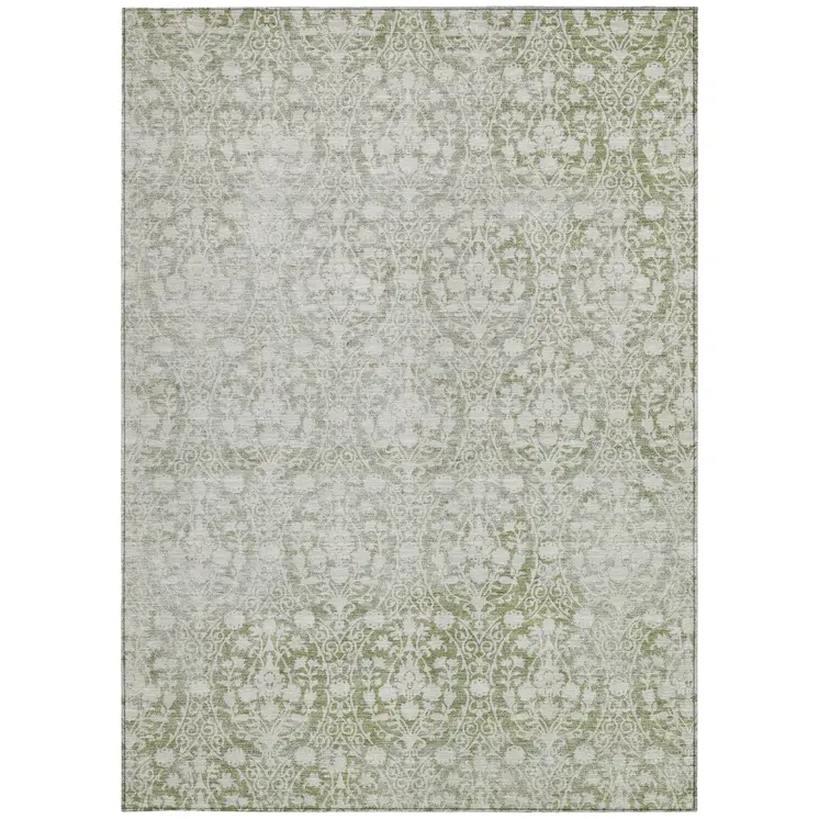 3' X 5' Artichoke Green Damask Washable Indoor Outdoor Area Rug