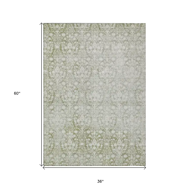 3' X 5' Artichoke Green Damask Washable Indoor Outdoor Area Rug