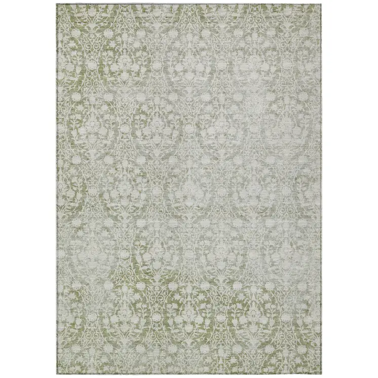 3' X 5' Artichoke Green Damask Washable Indoor Outdoor Area Rug