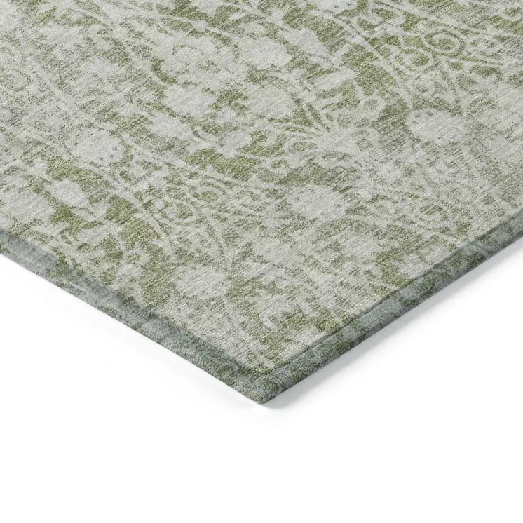 3' X 5' Artichoke Green Damask Washable Indoor Outdoor Area Rug