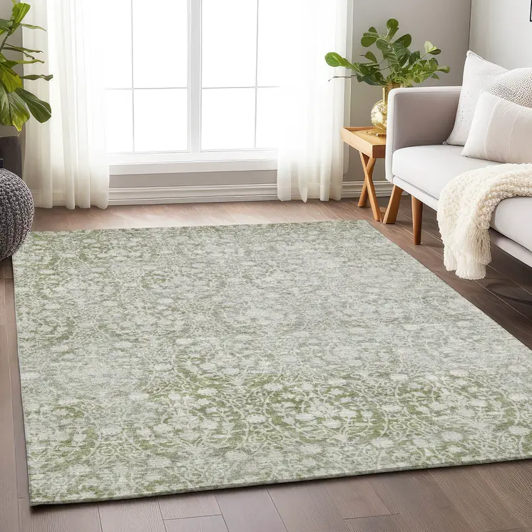 3' X 5' Artichoke Green Damask Washable Indoor Outdoor Area Rug