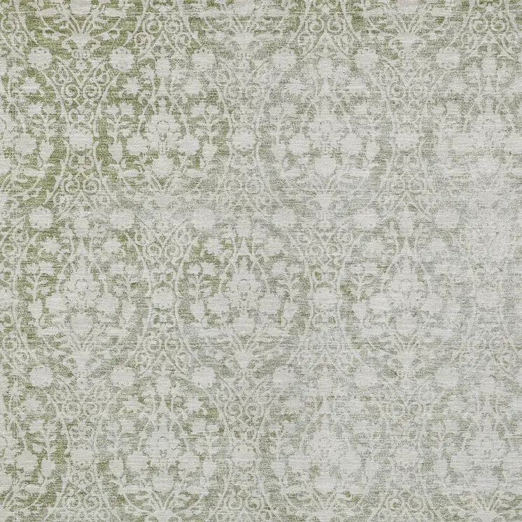 5' X 8' Artichoke Green Damask Washable Indoor Outdoor Area Rug