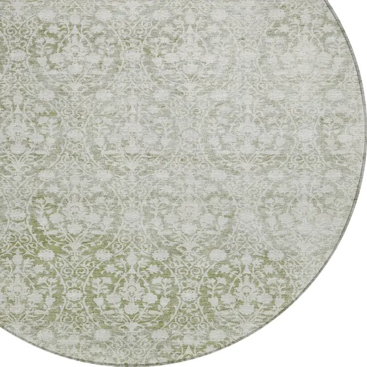 8' Artichoke Green Round Damask Washable Indoor Outdoor Area Rug