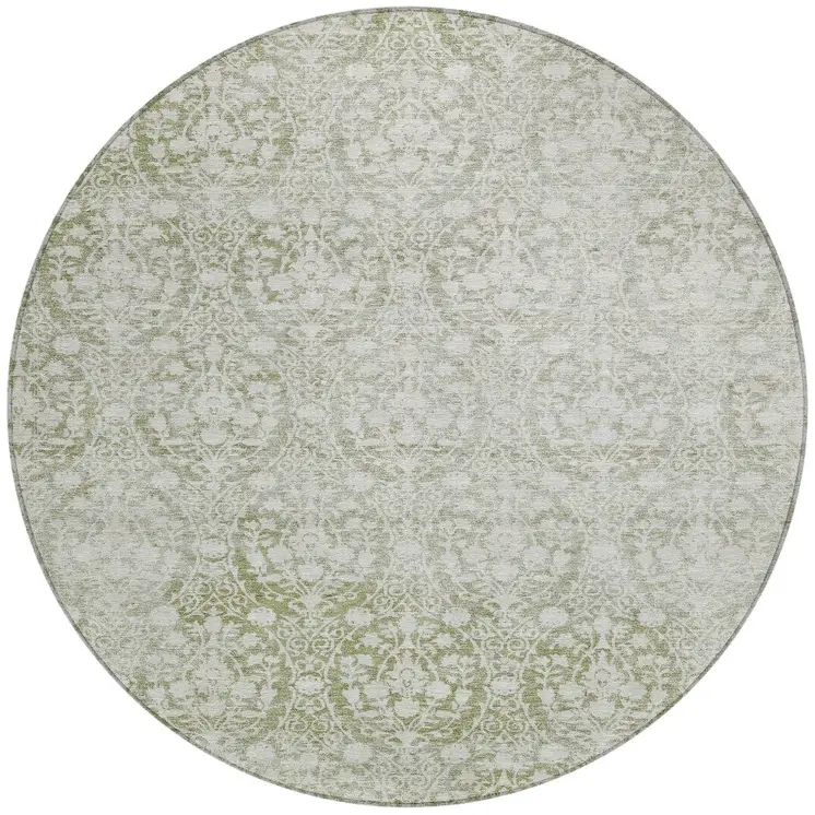 8' Artichoke Green Round Damask Washable Indoor Outdoor Area Rug