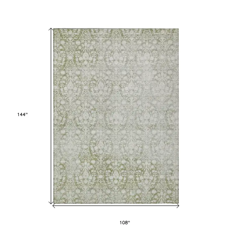 9' X 12' Artichoke Green Damask Washable Indoor Outdoor Area Rug