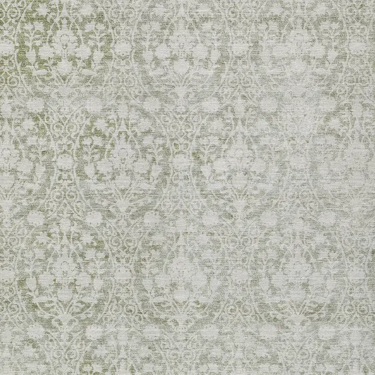 9' X 12' Artichoke Green Damask Washable Indoor Outdoor Area Rug